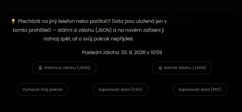 Náhled sekce Tvůj pokrok – zálohování a export dat